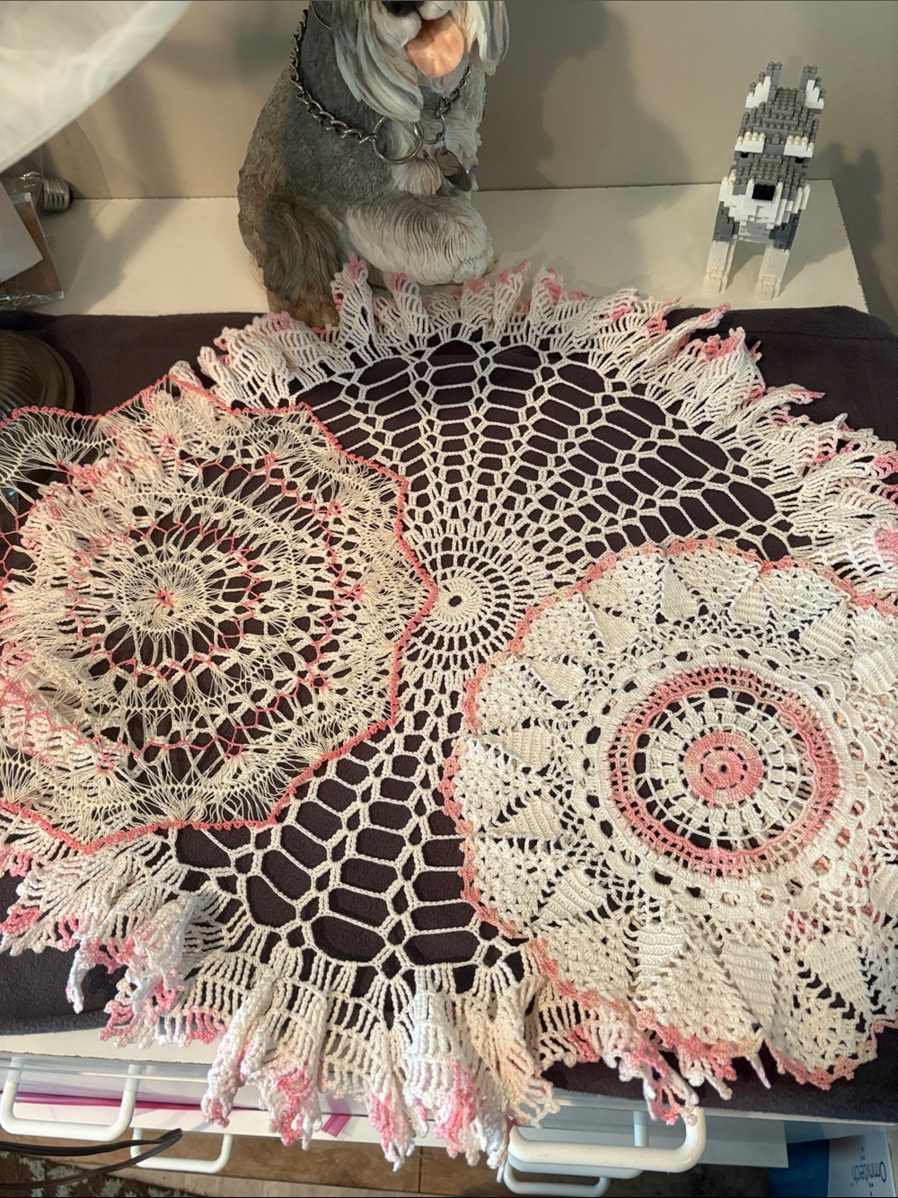 Vintage Handmade White and Pink Crochet Doilies. Set of 3 - Home Accents